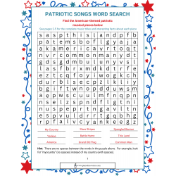 USA Patriotic Songs Word Search