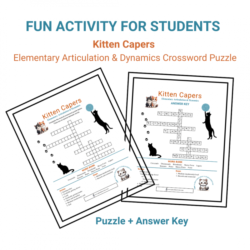 Kitten Capers Elementary Articulation & Dynamics Crossword Puzzle