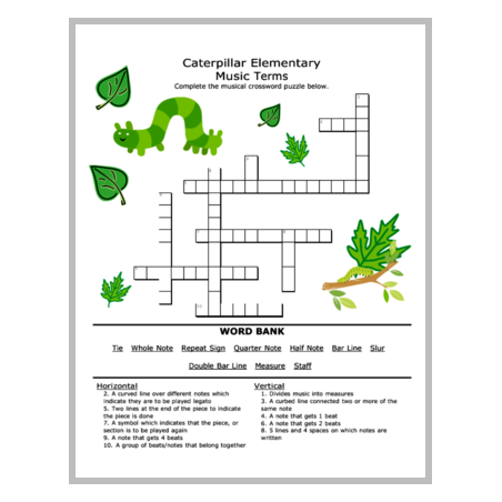 Caterpillar Elementary Crossword Puzzle